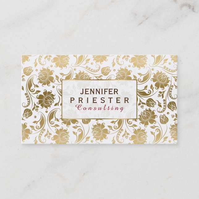 White And Gold Floral Damasks Business Card (Front)