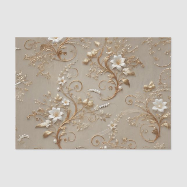 White and Gold Floral Decoupage Tissue Wrapping Paper (Front)