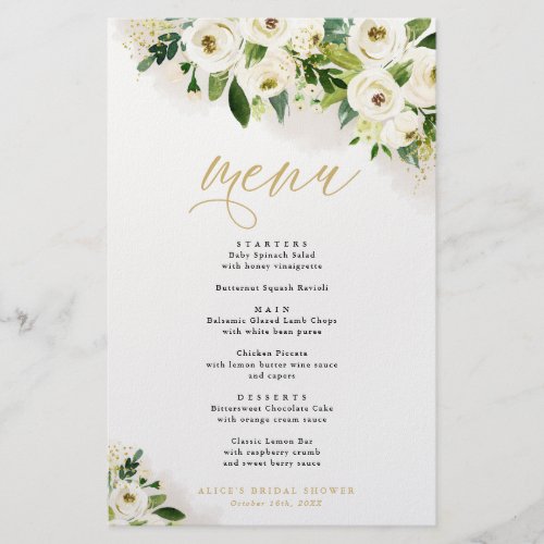 White and Gold Floral Event Dinner Paper Menu
