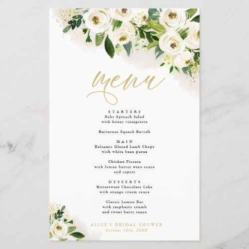 White and Gold Floral Event Dinner Paper Menu