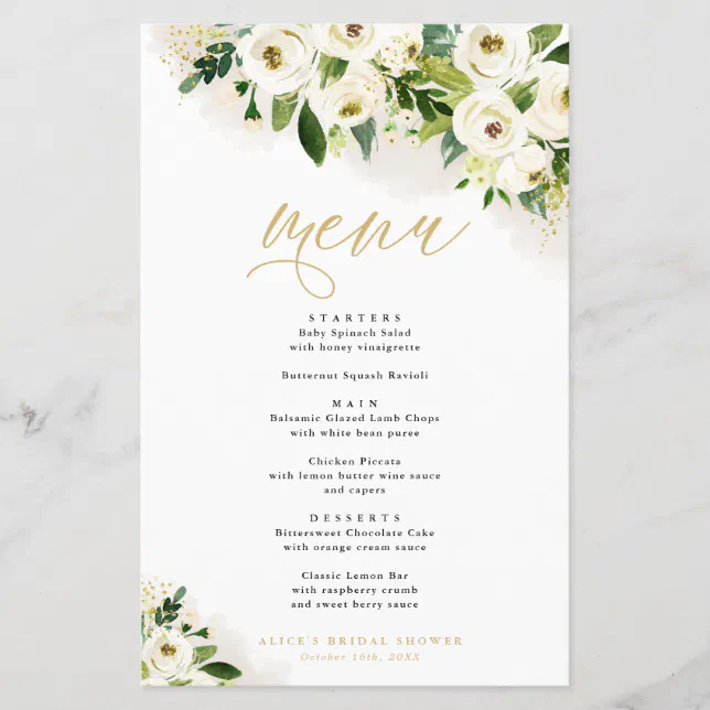 White and Gold Floral Event Dinner Paper Menu Zazzle