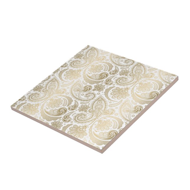 White And Gold Floral Lace Paisley 2 Ceramic Tile (Side)