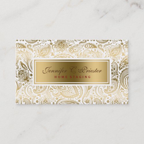 White And Gold Floral Lace Paisley Business Card