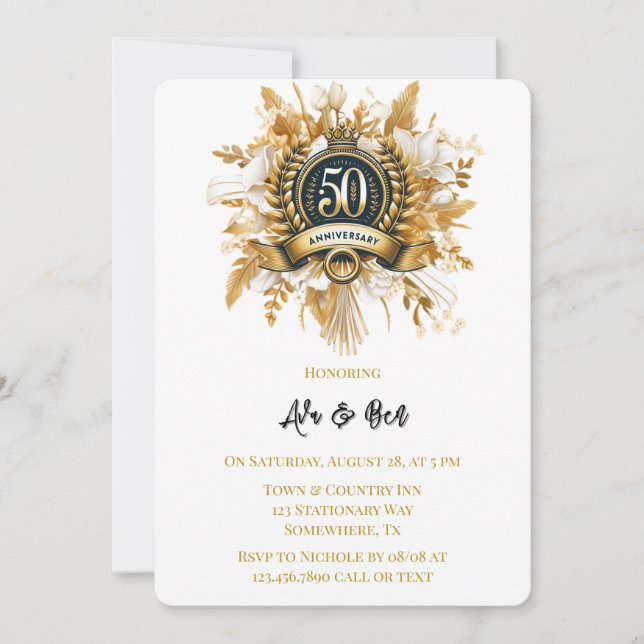 White and Gold Floral Laurel 50th Anniversary Invitation (Front)