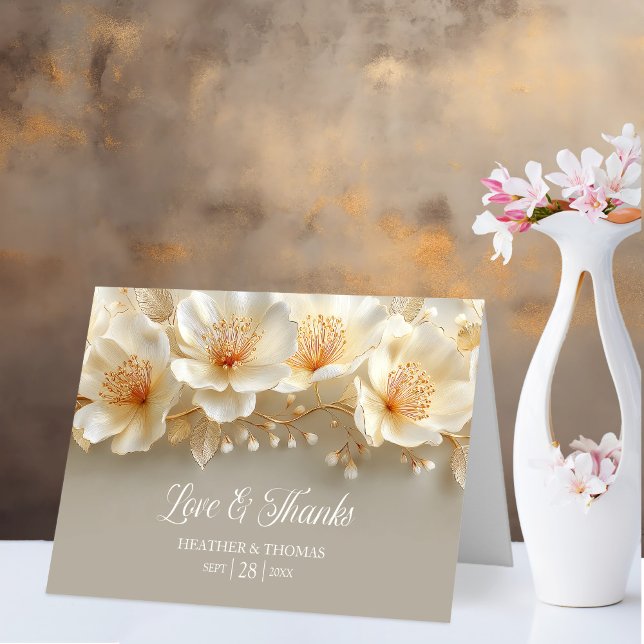 White and Gold Floral Love and Thanks Wedding Thank You Card (Creator Uploaded)