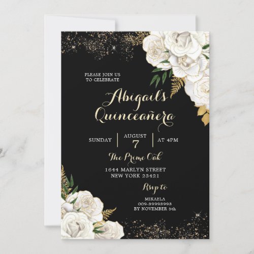 White and Gold Floral Mexican Quinceaera Invitation