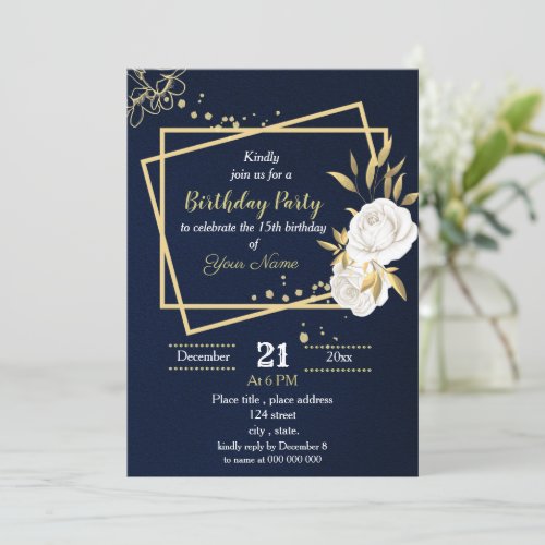 white and gold floral  navy blue birthday party invitation