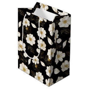 White and Gold Floral on Black Medium Gift Bag