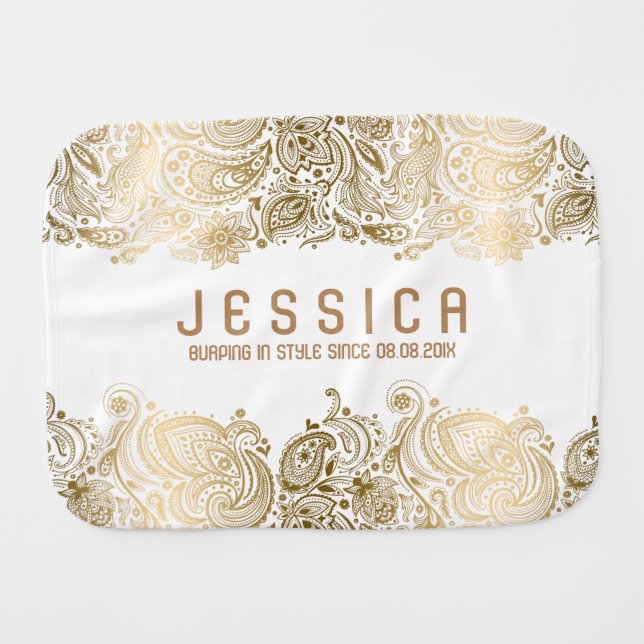 White And Gold Floral Paisley Lace Burp Cloth (Front Horizontal)