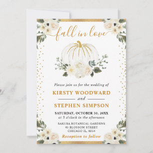 White and Gold Floral Pumpkin Fall Wedding Invitation