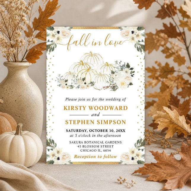 White and Gold Floral Pumpkins Fall Wedding Invitation (Creator Uploaded)