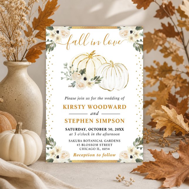 White and Gold Floral Pumpkins Fall Wedding Invitation (Creator Uploaded)