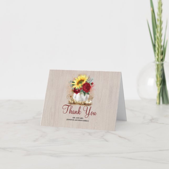 White and Gold Floral Pumpkins Wedding Thank You Card (Front)