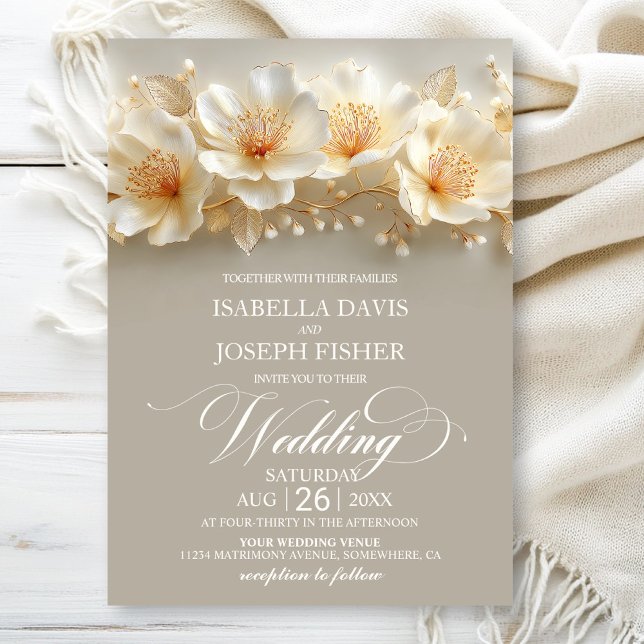 White and Gold Floral Wedding Invitation (Creator Uploaded)