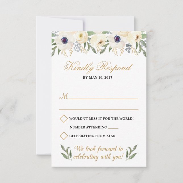 White and Gold Floral Wedding RSVP Card (Front)