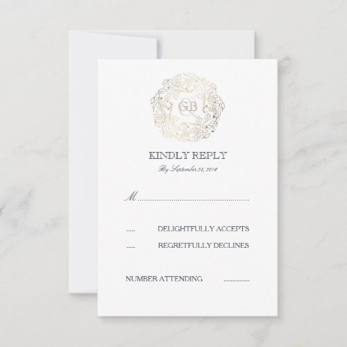 White and Gold Floral Wreath Wedding RSVP Cards - Gold floral monogram wedding reply cards