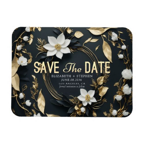 White and Gold Floral Wreath Wedding Save The Date Magnet