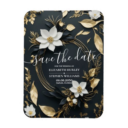 White and Gold Floral Wreath Wedding Save The Date Magnet