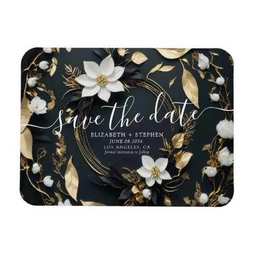 White and Gold Floral Wreath Wedding Save The Date Magnet