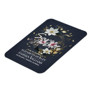 White and Gold Floral Wreath Wedding Save The Date Magnet