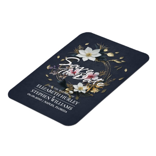 White and Gold Floral Wreath Wedding Save The Date Magnet (Left Side)