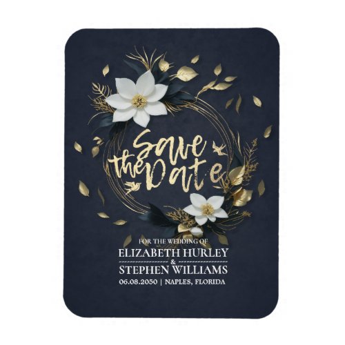 White and Gold Floral Wreath Wedding Save The Date Magnet