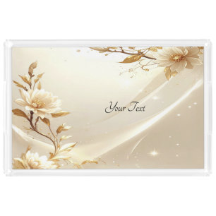 White and Gold Flowers Acrylic Vanity Tray