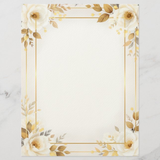 White and Gold Flowers and Double Frame Stationery (Front)