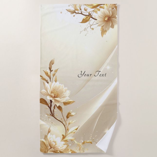 White and Gold Flowers Beach Towel (Front)
