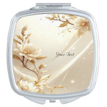 White and Gold Flowers Compact Mirror