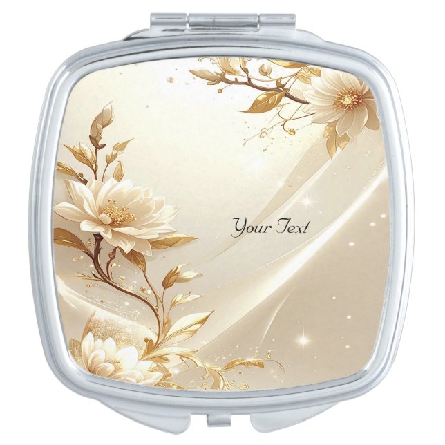 White and Gold Flowers Compact Mirror (Front)