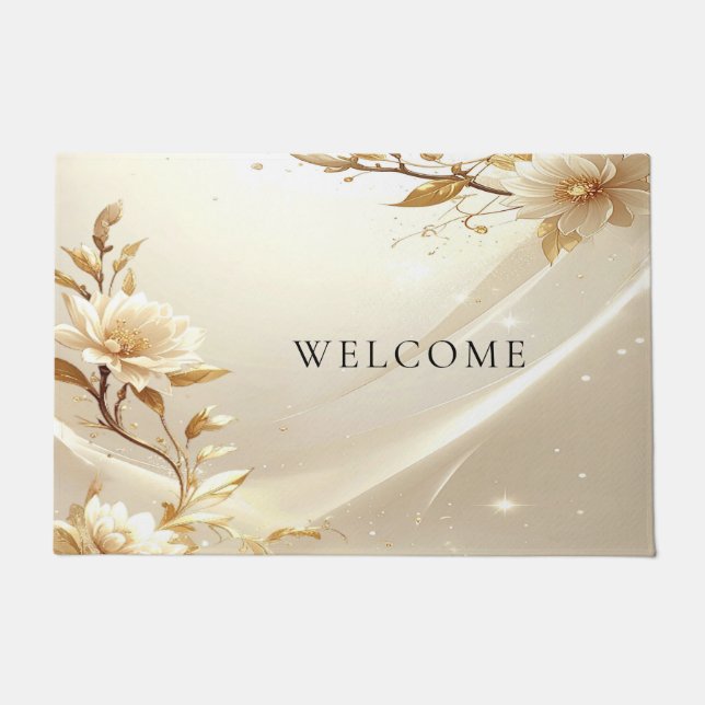 White and Gold Flowers Doormat (Front)