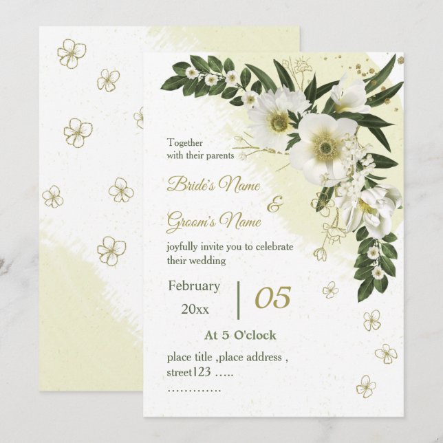 white and gold flowers greenery wedding invitation (Front/Back)