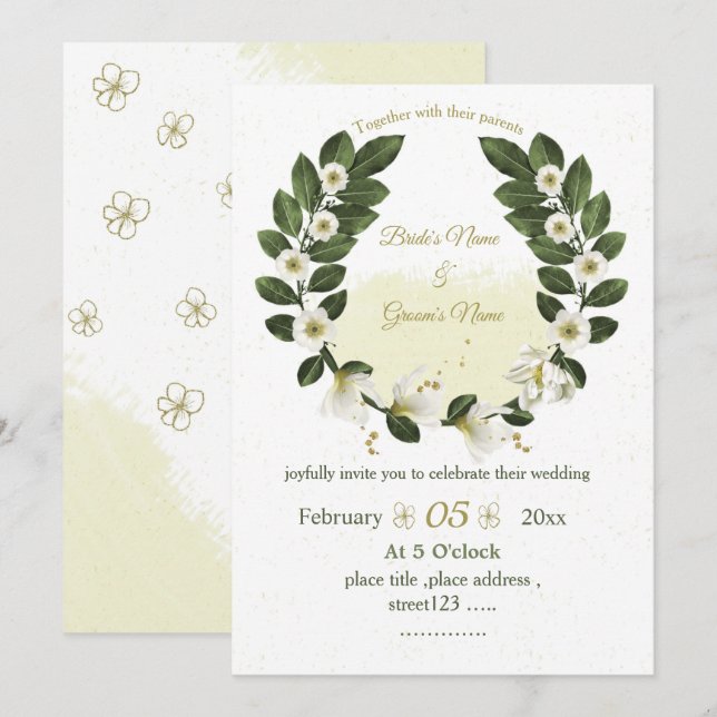 white and gold flowers greenery wreath wedding invitation (Front/Back)