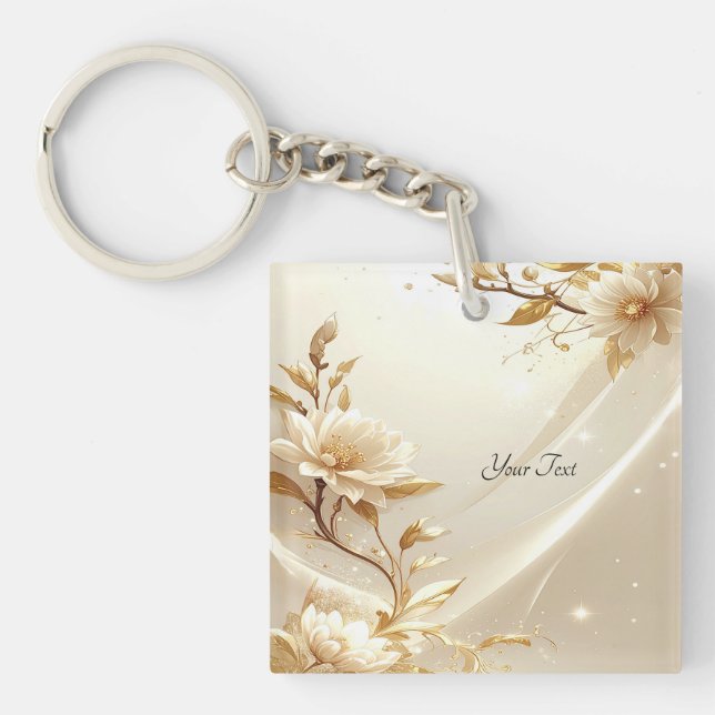 White and Gold Flowers Keychain (Front)