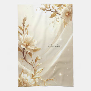 White and Gold Flowers Kitchen Towel