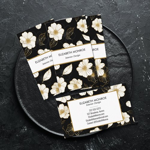 White and Gold Flowers on Black Business Card