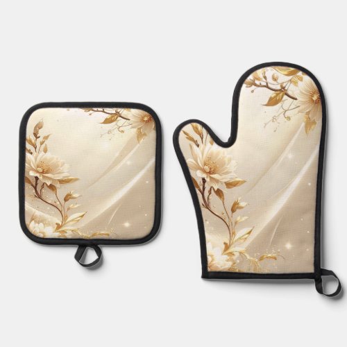 White and Gold Flowers Oven Mitt & Pot Holder Set