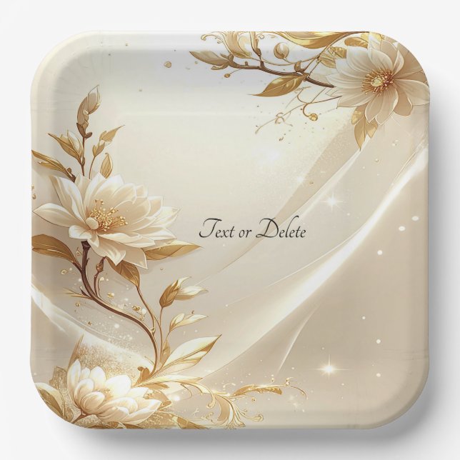 White and Gold Flowers Paper Plate (Front)