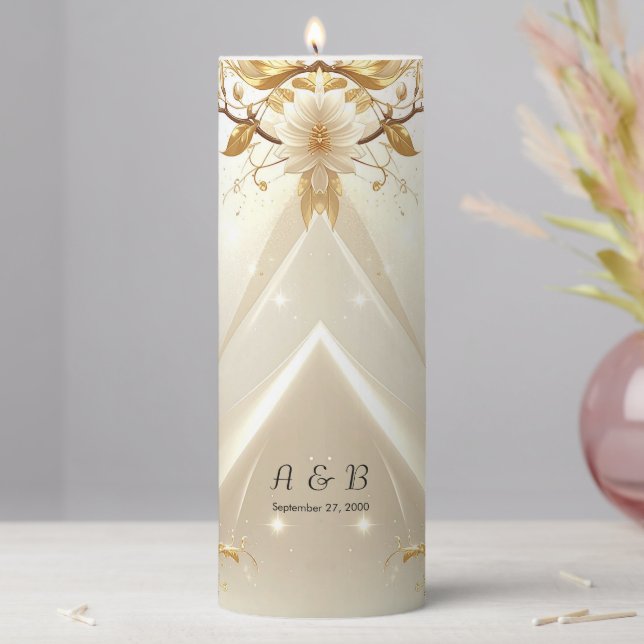 White and Gold Flowers Pillar Candle (In Situ)