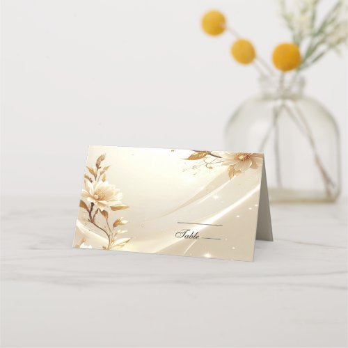 White and Gold Flowers Place Card