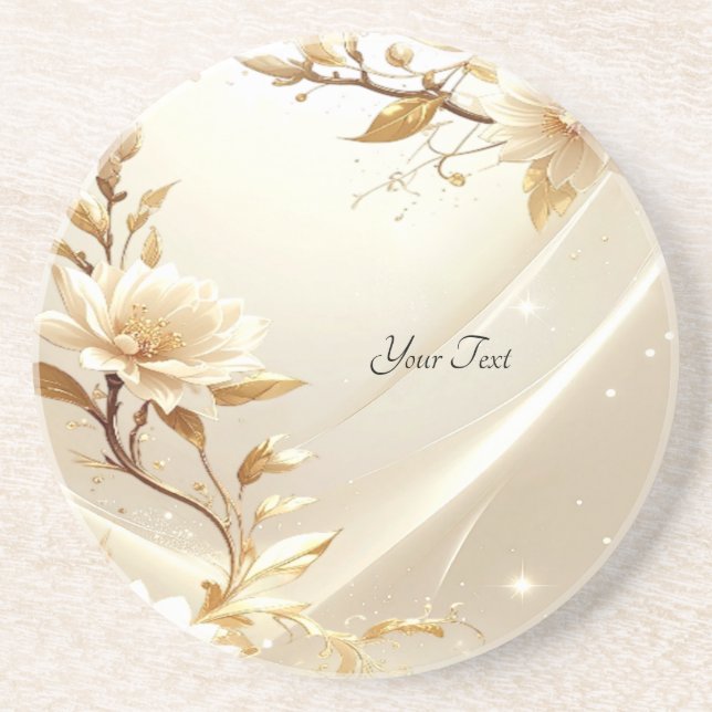 White and Gold Flowers Sandstone Coaster (Front)