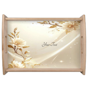 White and Gold Flowers Serving Tray