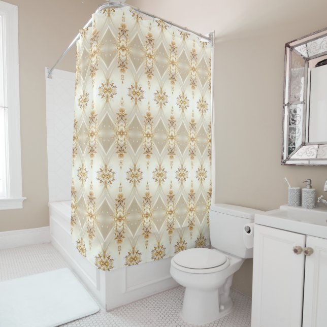 White and Gold Flowers Shower Curtain (In Situ)
