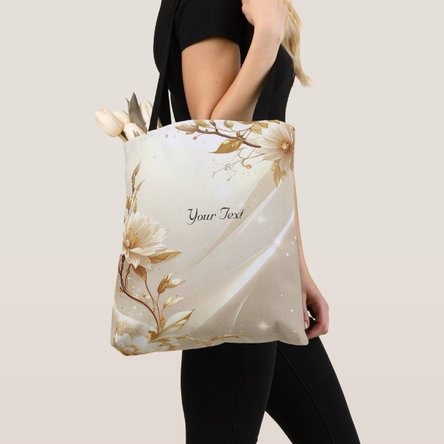 White and Gold Flowers Tote Bag (Close Up)