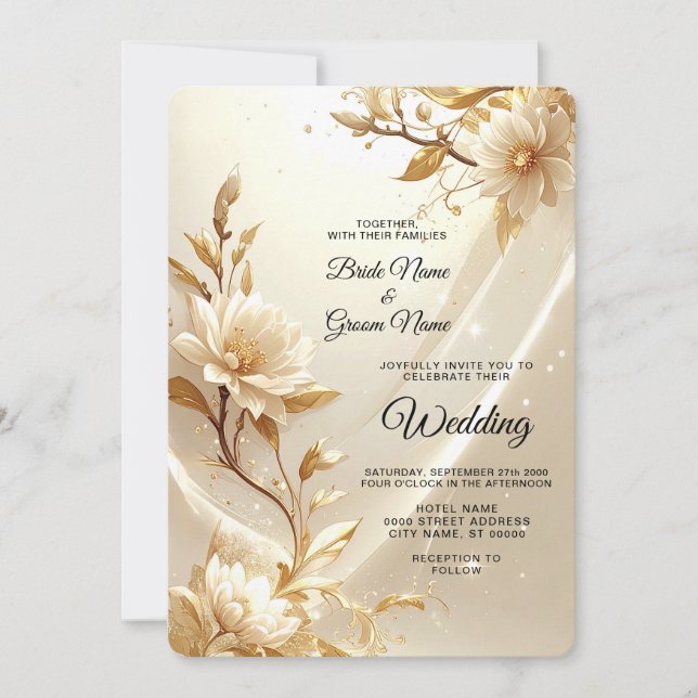 White and Gold Flowers Wedding Invitation (Front)
