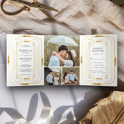 White and Gold Foil Art Deco Photo Collage Wedding Tri_Fold Invitation