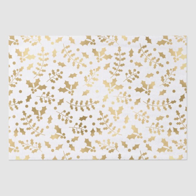 White and Gold Foil Christmas Holly Tissue Paper (Front)
