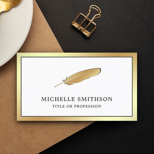 White and Gold Foil Feather Vintage Quill Pen Business Card