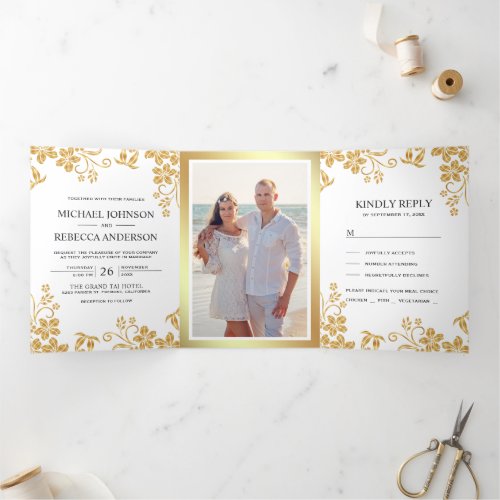 White and Gold Foil Floral Leaves Wedding Tri_Fold Invitation